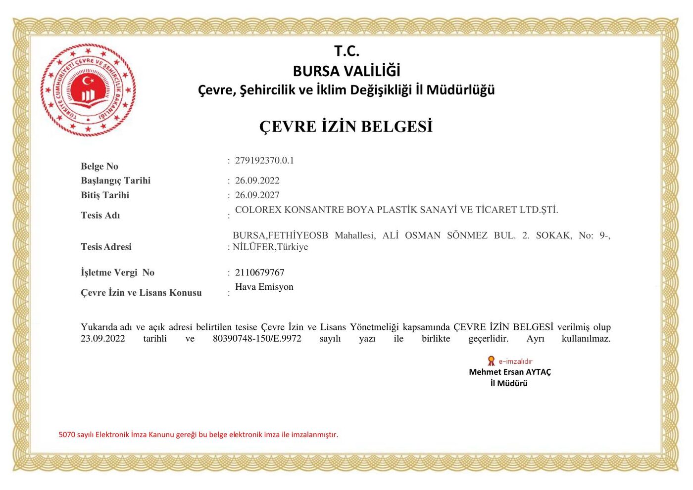 Colorex Çevre İzin Belgesi — Bursa Valiliği