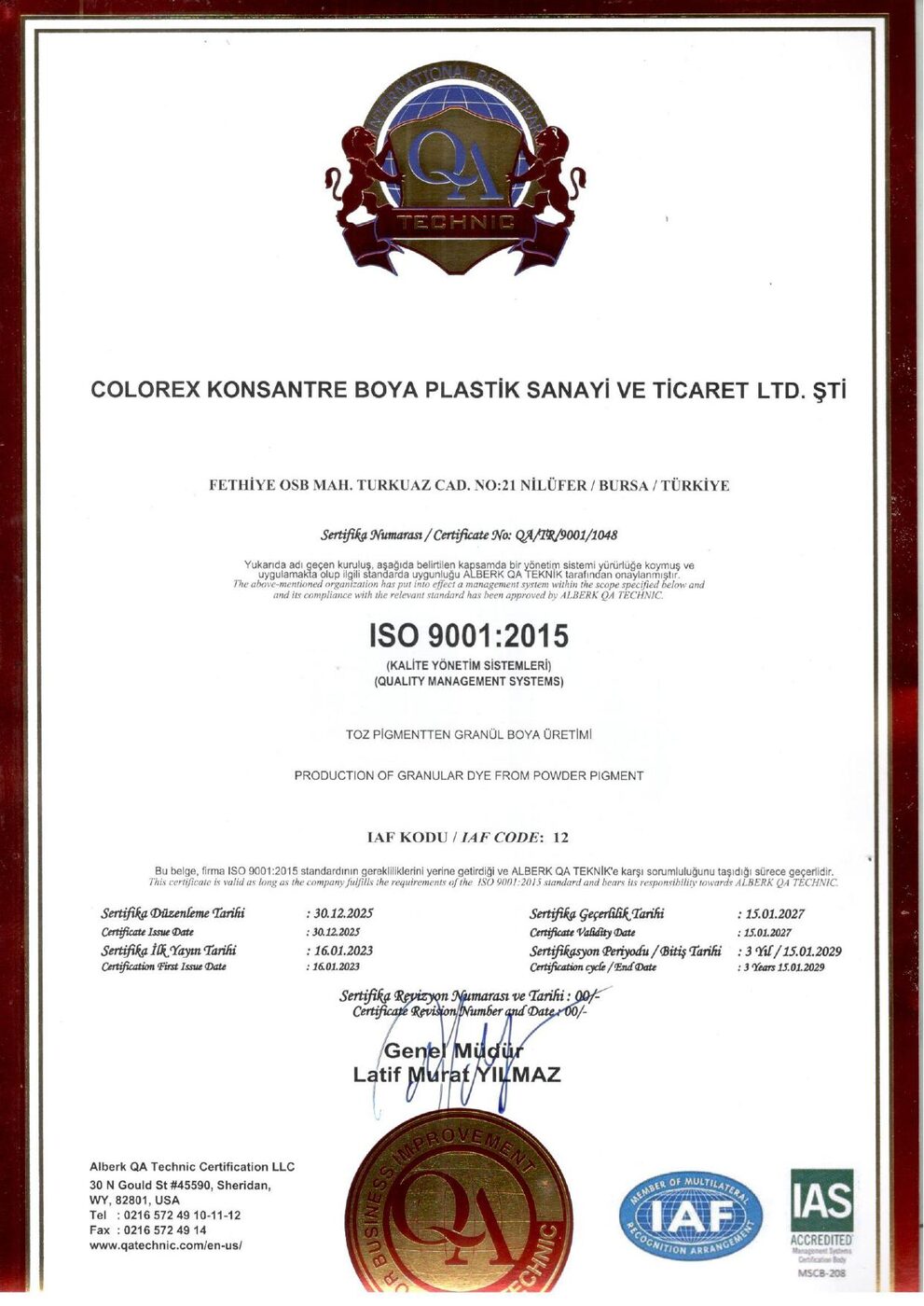 Colorex ISO 9001:2015 Kalite Yönetim Sistemi Sertifikası
