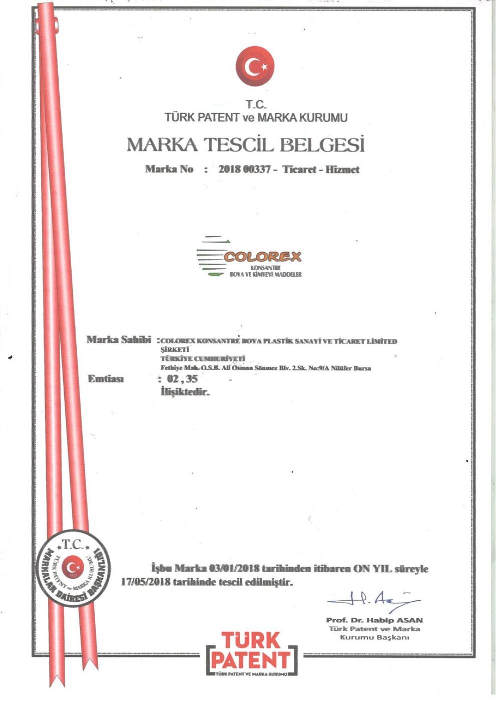 Colorex Marka Tescil Belgesi — Türk Patent